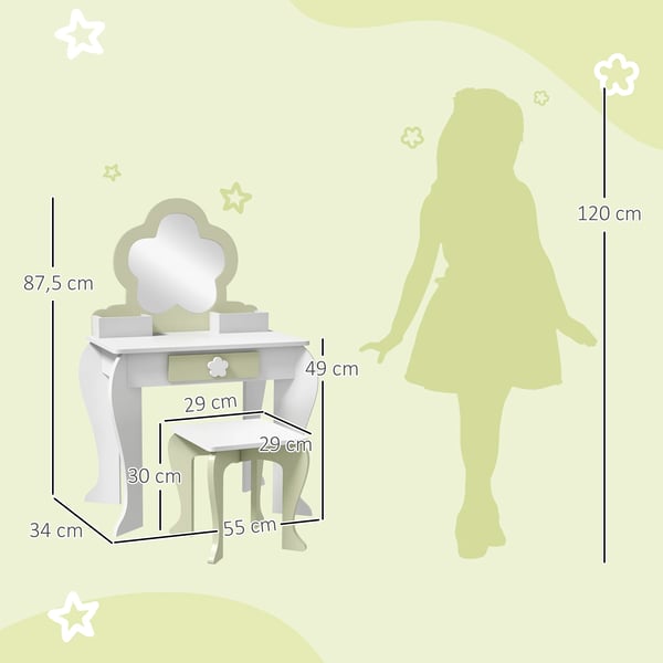 Sminkbord för barn - Toalettbord - Med Spegel - Med Pall - 55×34×87,5 cm - 1 Låda - Vit