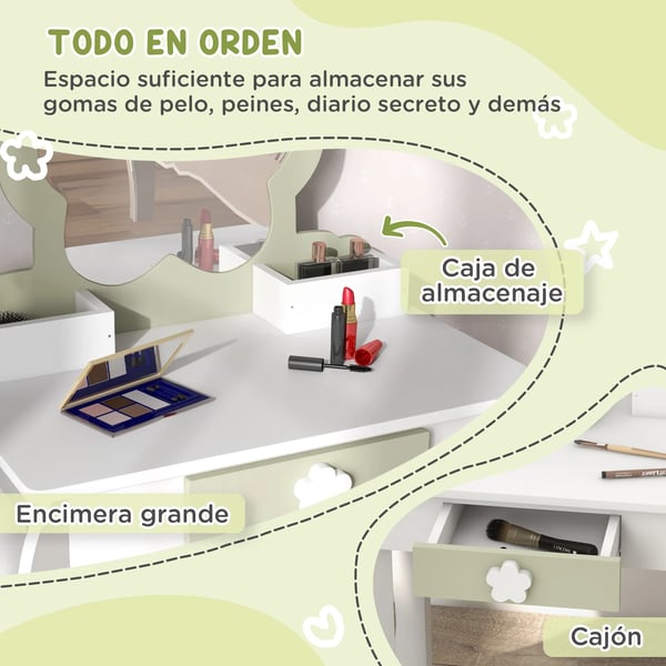 Sminkbord för barn - Toalettbord - Med Spegel - Med Pall - 55×34×87,5 cm - 1 Låda - Vit