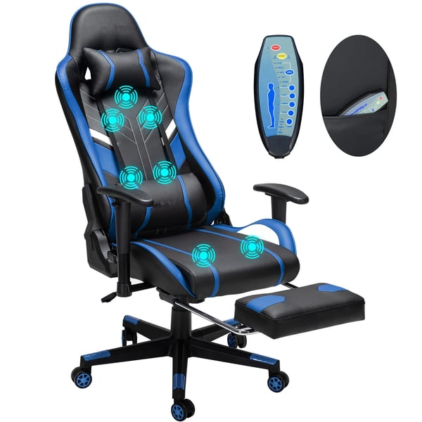 Massage gamingstol - GC-RC03 kontorsstol - Ergonomisk - 7-punkts massage - Fotstöd - Ländryggsstöd - Höjdjusterbar - Äkta läder - Svart/blå