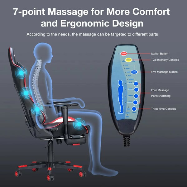 Massage gamingstol - GC-RC03 kontorstol - Ergonomisk - 7-punkts massage - Fodstøtte - Lændestøtte - Højdejusterbar - Ægte læder - Sort/blå