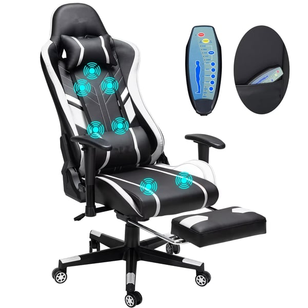 Gamingstol med massage - GC-RC03 ergonomisk stol - 7-stegs höjdjustering - Fotstöd - Ländryggsstöd - Äkta läder - Utan hjul - Svart/vit