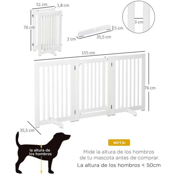 Hopfällbar hundgrind - Husdjursgrind - 1 Dörr - MDF - 155 x 35,5 x 76 cm - Vit