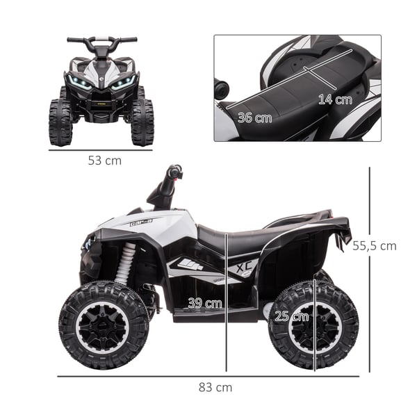 Elektrisk barn-quad 3–5 år - Åkfordon ATV - 12V dubbelmotor - LED-strålkastare - Tuta - 4 hjul - Metallram - 83×53×55,5 cm - Vit
