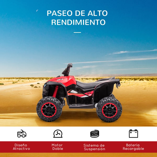 Barnfyrhjuling ATV - Elektriskt åkfordon 12V - 2 motorer - Strålkastare - Tuta - 3–5 år - 83x53x55,5 cm - Röd