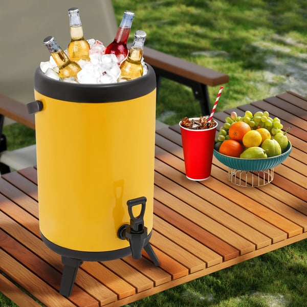 Drikkedispenser - Termo-isoleret beholder - 10 l (ca. 8 l) - Rustfrit stål 201 - Taphane til varm/kold - 24×33 cm - Gul
