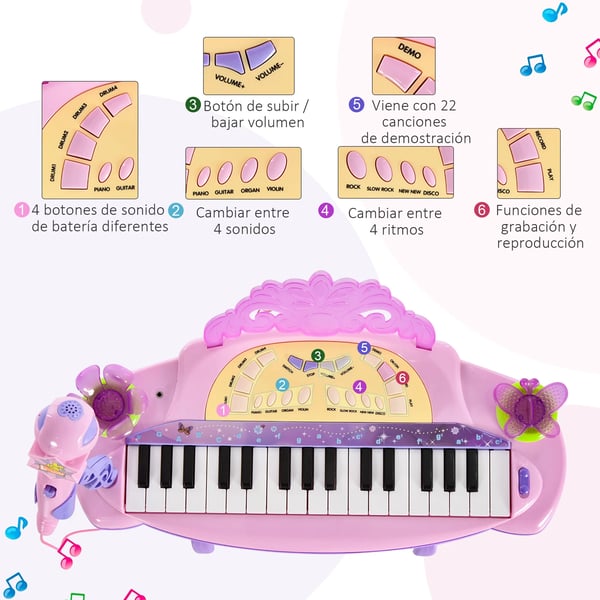 Barnkeyboard - Elektroniskt piano - 32 tangenter - Mikrofon - Ljuseffekter - MP3 karaoke - Rosa