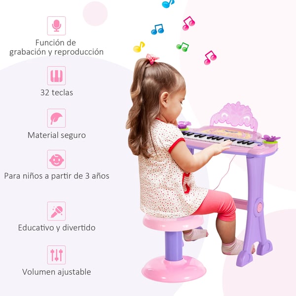 Barnkeyboard - Elektroniskt piano - 32 tangenter - Mikrofon - Ljuseffekter - MP3 karaoke - Rosa