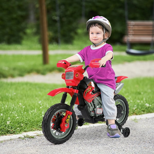 Elektrisk motorcykel för barn - Ride-on åkleksak - 6 V uppladdningsbart batteri - Laddare ingår - Stödhjul - För 3+ år - Röd