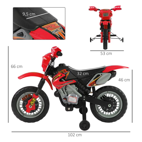 Elektrisk motorcykel för barn - Ride-on åkleksak - 6 V uppladdningsbart batteri - Laddare ingår - Stödhjul - För 3+ år - Röd