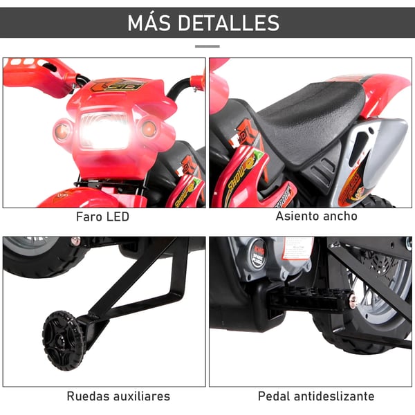 Elektrisk motorcykel för barn - Ride-on åkleksak - 6 V uppladdningsbart batteri - Laddare ingår - Stödhjul - För 3+ år - Röd