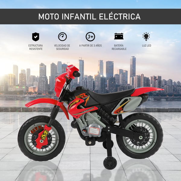 Elektrisk motorcykel för barn - Ride-on åkleksak - 6 V uppladdningsbart batteri - Laddare ingår - Stödhjul - För 3+ år - Röd