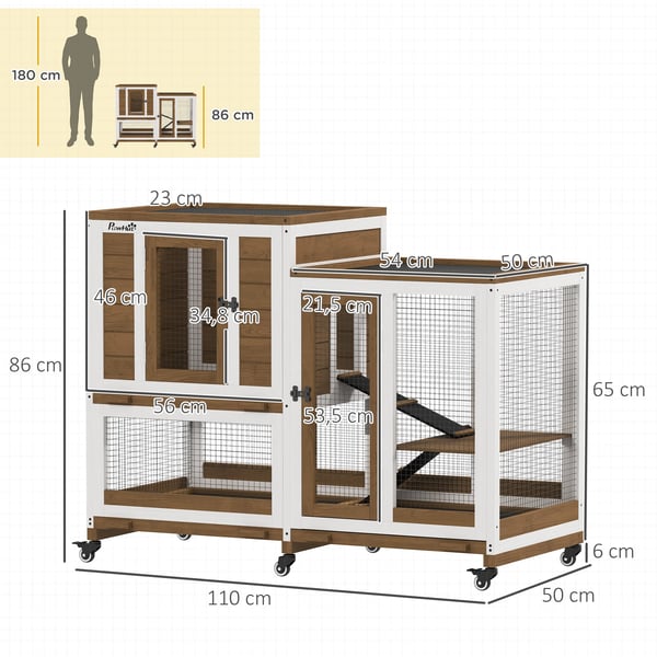 Kaninbur i trä - Inomhus - Rullbar med 6 hjul - 110×50×86 cm - Grå