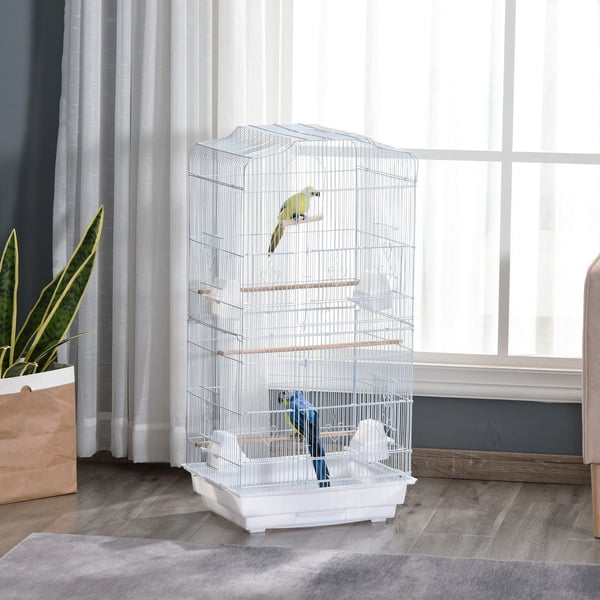 Fågelbur - Bur för fåglar - 47,5×36×91 cm - Järn - Dörrar, foderkoppar och bricka - Vit