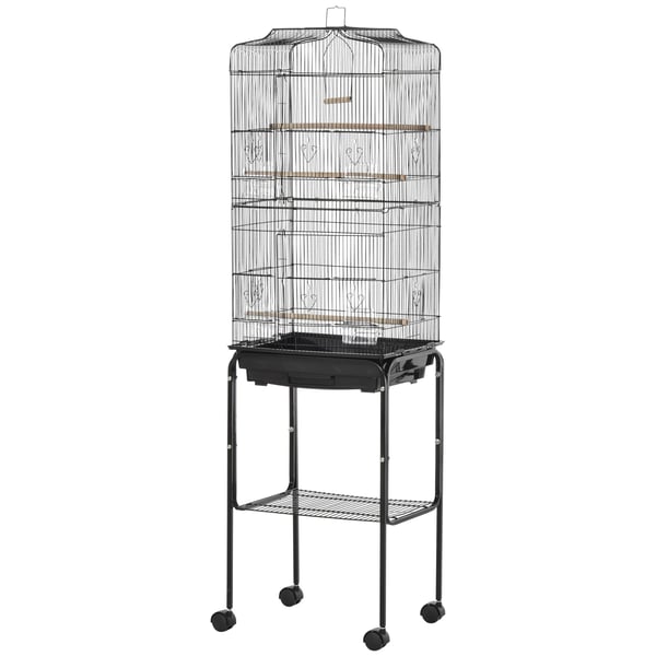 Fågelbur - Med stativ - 4 hjul - Foderskålar ingår - 46,5 x 36 x 157 cm - Plast - Svart