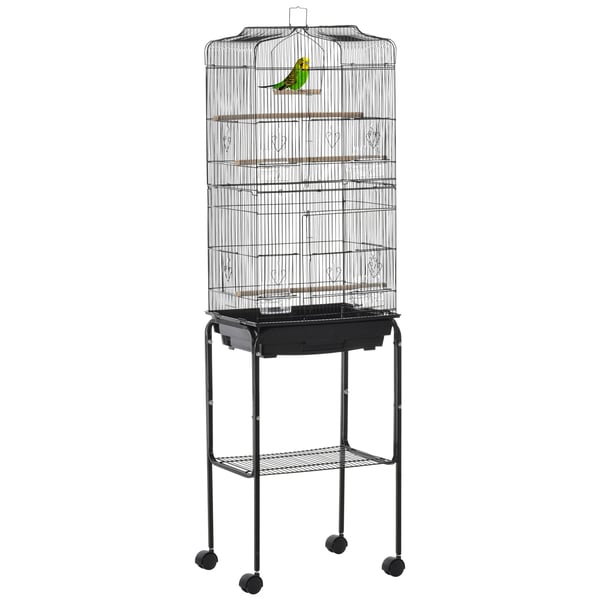 Fågelbur - Med stativ - 4 hjul - Foderskålar ingår - 46,5 x 36 x 157 cm - Plast - Svart