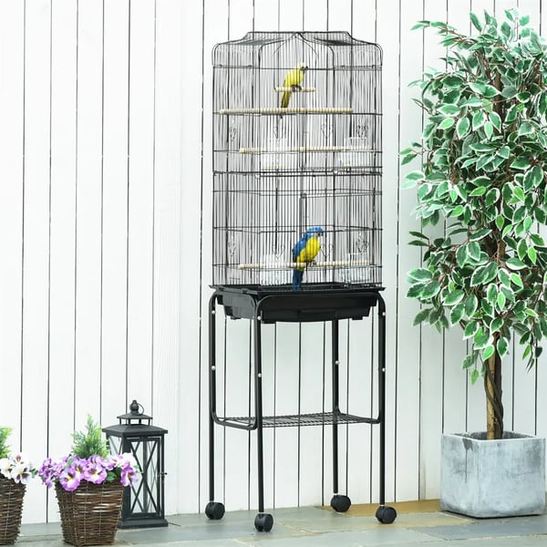 Fågelbur - Med stativ - 4 hjul - Foderskålar ingår - 46,5 x 36 x 157 cm - Plast - Svart