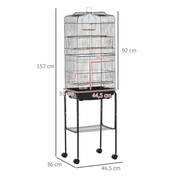 Fågelbur - Med stativ - 4 hjul - Foderskålar ingår - 46,5 x 36 x 157 cm - Plast - Svart