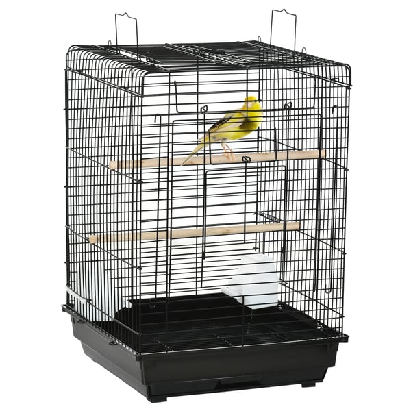 Fågelbur - Fällbart tak - 2 sittpinnar - 2 foderkoppar - Stål & PP - 40x40x59 cm - Svart