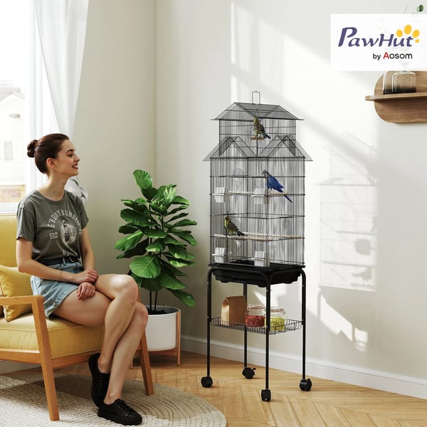 Fågelbur - XL - 5 Dörrar - 2 Matare - 2 Sittpinnar - Stål & PP - Svart