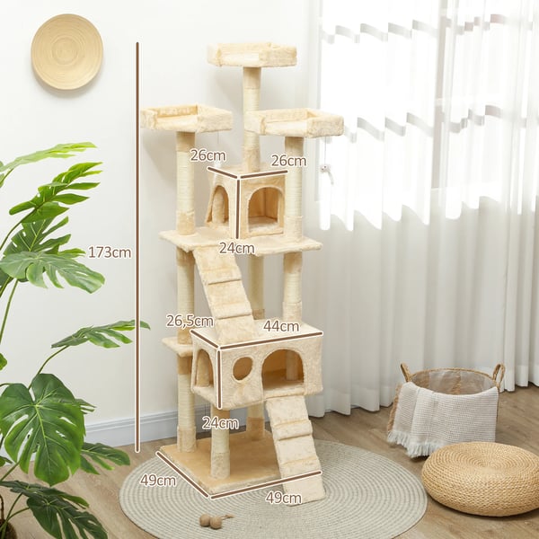 Katträd - Klösträd - 173 cm Högt, 49x49 cm Bas, 4 Nivåer, Sisal och Plysch, Spånskiva - Beige