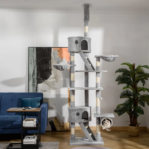 Kattträd golv-till-tak - Klösträd - 5 nivåer - Trä - 60x45x260 cm - Plattformar - Ljusgrå