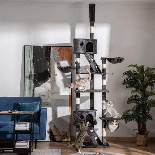 Kattträd golv-till-tak - Klösträd - 5 nivåer - Trä - 60x45x260 cm - Plattformar - Ljusgrå