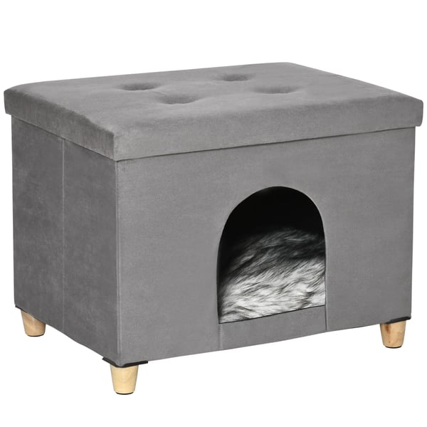 Katthus & Pall - 2-i-1 Kattbädd/Sittpuff - Avtagbar Lockkudde - Trä - 60 x 45 x 44,5 cm - Grå