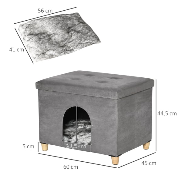 Katthus & Pall - 2-i-1 Kattbädd/Sittpuff - Avtagbar Lockkudde - Trä - 60 x 45 x 44,5 cm - Grå