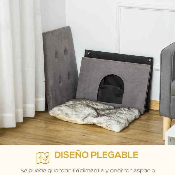 Katthus & Pall - 2-i-1 Kattbädd/Sittpuff - Avtagbar Lockkudde - Trä - 60 x 45 x 44,5 cm - Grå