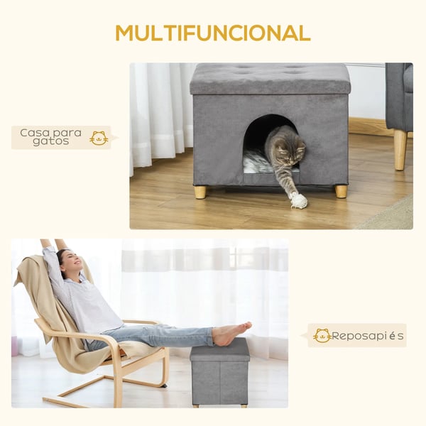 Katthus & Pall - 2-i-1 Kattbädd/Sittpuff - Avtagbar Lockkudde - Trä - 60 x 45 x 44,5 cm - Grå