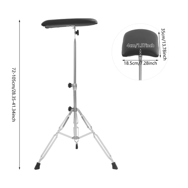 Tattoo arm-/bensstøtte - Tripod-stativ - Justerbar højde 65–100 cm - Hældning 0–100° - Rustfrit stål - 40 mm polstring - Skridsikre fødder - Sort