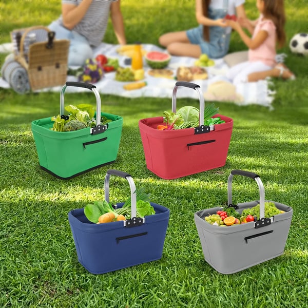 Ostoskori - Taitettava Kori - Pehmustettu Kahva - Vetoketjutasku - Oxford-kangas - Ostoksiin & Piknikille - Punainen