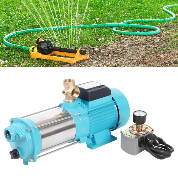 1300W centrifugal vattenpump i rostfritt stål, med tryckströmbrytare & manometer, IP44, 220V EU-kontakt, Cyan, för bevattning