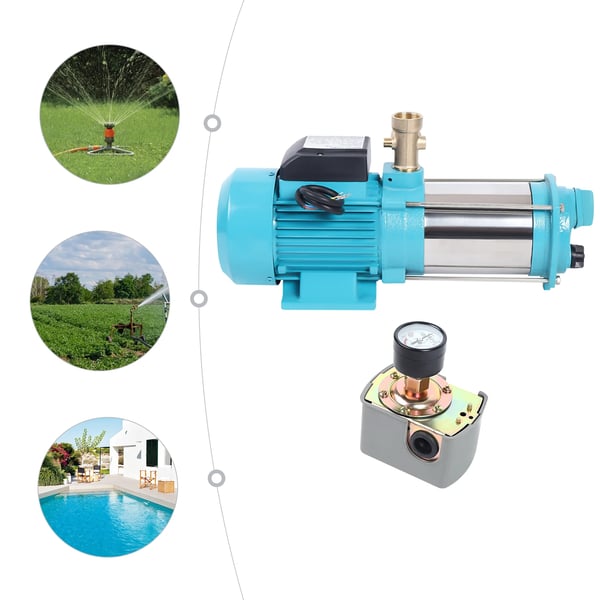 1300W centrifugal vattenpump i rostfritt stål, med tryckströmbrytare & manometer, IP44, 220V EU-kontakt, Cyan, för bevattning