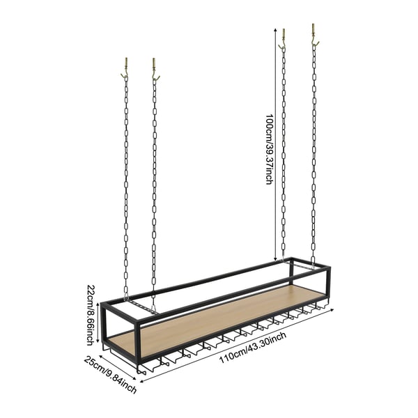 Viiniteline lasitelineellä - Kattokiinnitteinen riippuhylly - Neljä ripustusketjua - Mitat 110 x 25 x 22 cm - Kantavuus 75 kg - Musta