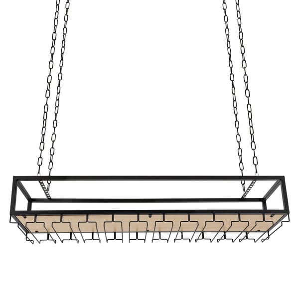 Viiniteline lasitelineellä - Kattokiinnitteinen riippuhylly - Neljä ripustusketjua - Mitat 110 x 25 x 22 cm - Kantavuus 75 kg - Musta