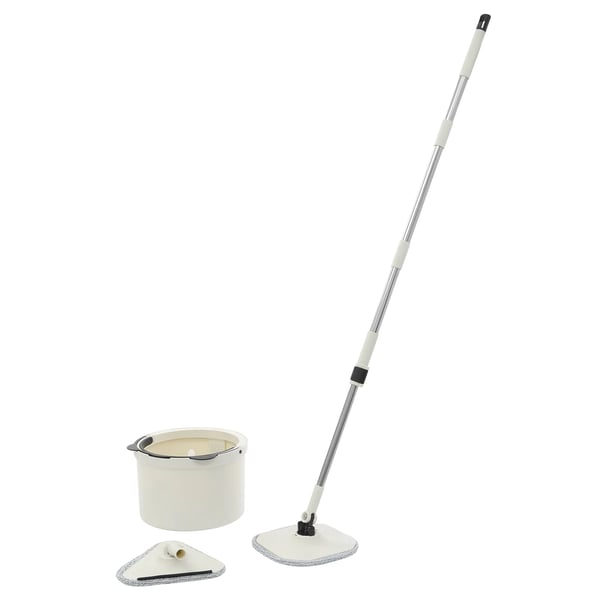 Roterande spinmopp med hink - Mopp- och hinkset - Handsfree urvridning - 3 mikrofiberhuvuden - Rostfritt stålskaft - Miljövänlig - Vit