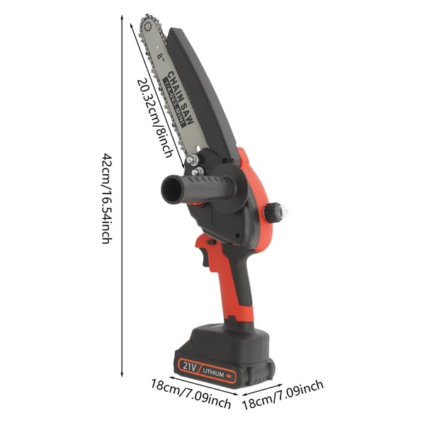 Mini kædesav - Batteridrevet kædesav - 20 cm sværd - Børsteløs motor - 2 batterier medfølger - CE