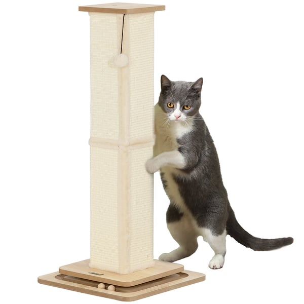 Klöspelare för katt - Klöspåle - Höjd 87 cm - Med hängande boll - Basplatta 39,5 x 39,5 cm - En nivå - Trä - Ek