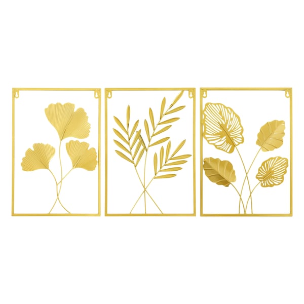Metallinen seinäkoriste - 3-osainen setti - Ginkgo & vehnän tähkät - Kehystetty - Rauta - Pystysuora suorakulmio - Moderni tyyli - Kulta