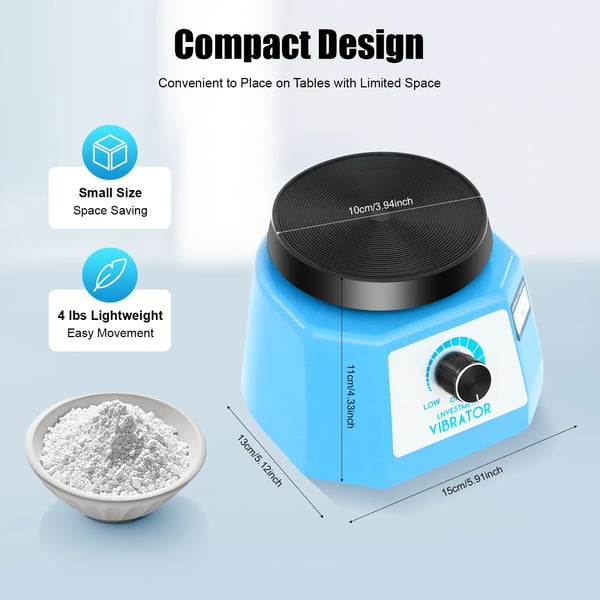 Mini vibrationsplade til gipsmodeller - Laboratorieryster - 70 W - Trinløs hastighed - 10 cm rund skive - 1 m kabel - Blå