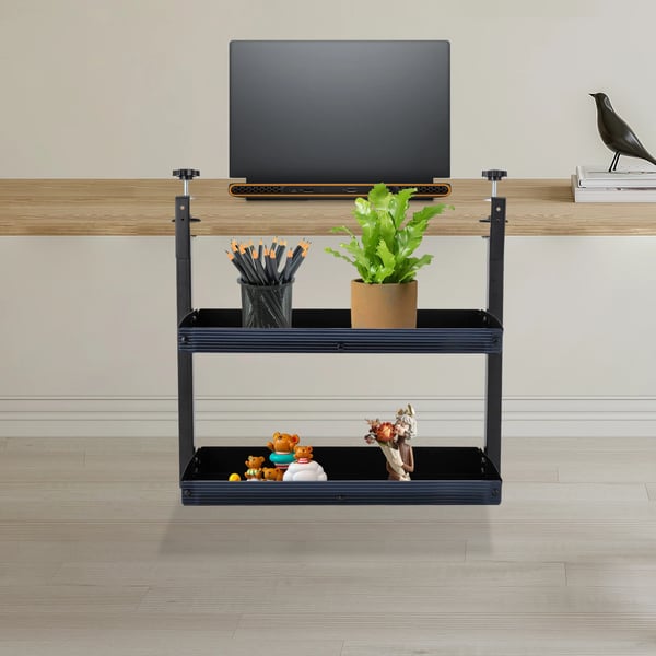 Skrivebordshylde - Klemme-monteret hylde - 2 niveauer - Justerbar opbevaringsbakke - Clip-on - Let montering - Sort