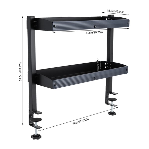 Skrivebordshylde - Klemme-monteret hylde - 2 niveauer - Justerbar opbevaringsbakke - Clip-on - Let montering - Sort