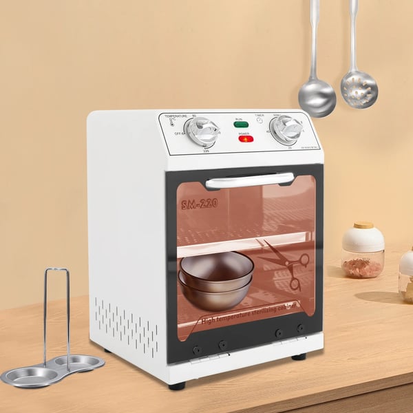 Korkean lämpötilan sterilointikaappi, 2-tasoinen 8 L, 600 W verkkovirtakäyttöinen, 0–220 °C, suorakulmainen, valkoinen