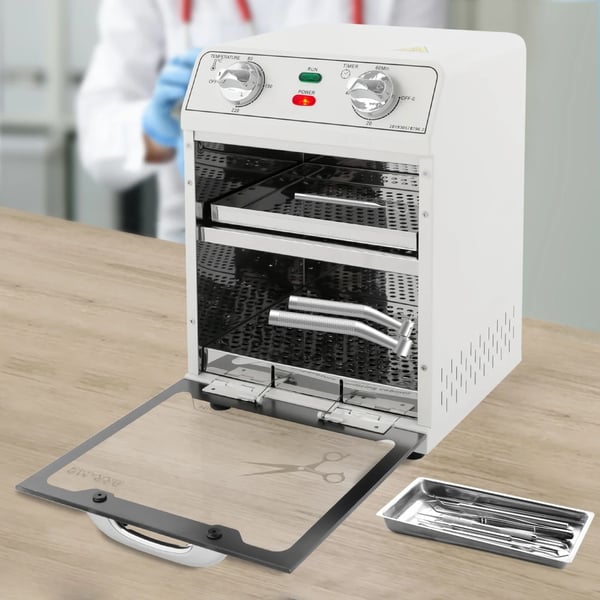 Korkean lämpötilan sterilointikaappi, 2-tasoinen 8 L, 600 W verkkovirtakäyttöinen, 0–220 °C, suorakulmainen, valkoinen