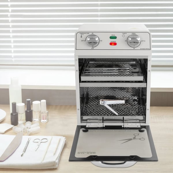 Korkean lämpötilan sterilointikaappi, 2-tasoinen 8 L, 600 W verkkovirtakäyttöinen, 0–220 °C, suorakulmainen, valkoinen