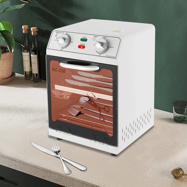 Korkean lämpötilan sterilointikaappi, 2-tasoinen 8 L, 600 W verkkovirtakäyttöinen, 0–220 °C, suorakulmainen, valkoinen