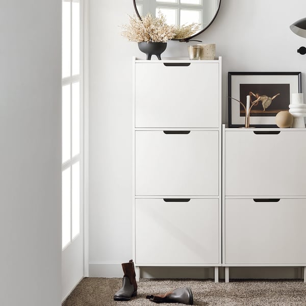 FSR151-H-W, skoskab med 3 klapper, smalt design, 6 hylder, hvid