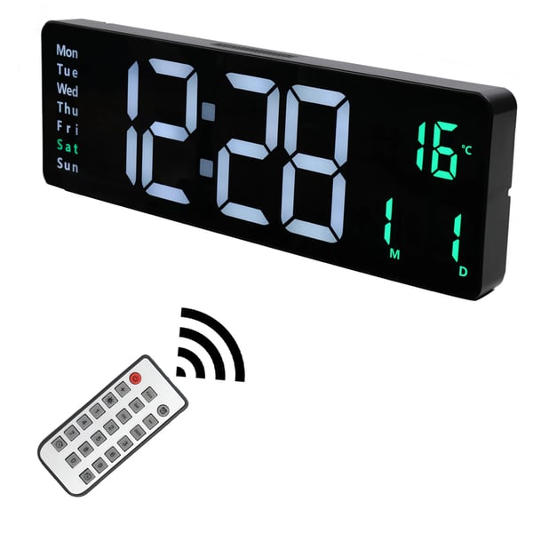 Stor digital vægur - DZZ-WWHWWH-001 - 40,6 cm LED - Temperatur & luftfugtighed - Ugedag - Justerbar lysstyrke - 12/24 t - Smart