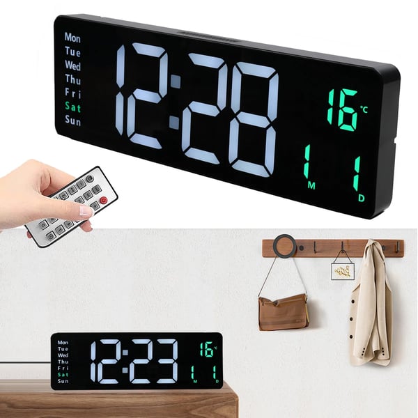 Stor digital vægur - DZZ-WWHWWH-001 - 40,6 cm LED - Temperatur & luftfugtighed - Ugedag - Justerbar lysstyrke - 12/24 t - Smart